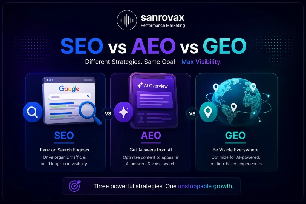 SEO vs AEO vs GEO by Sanrovax